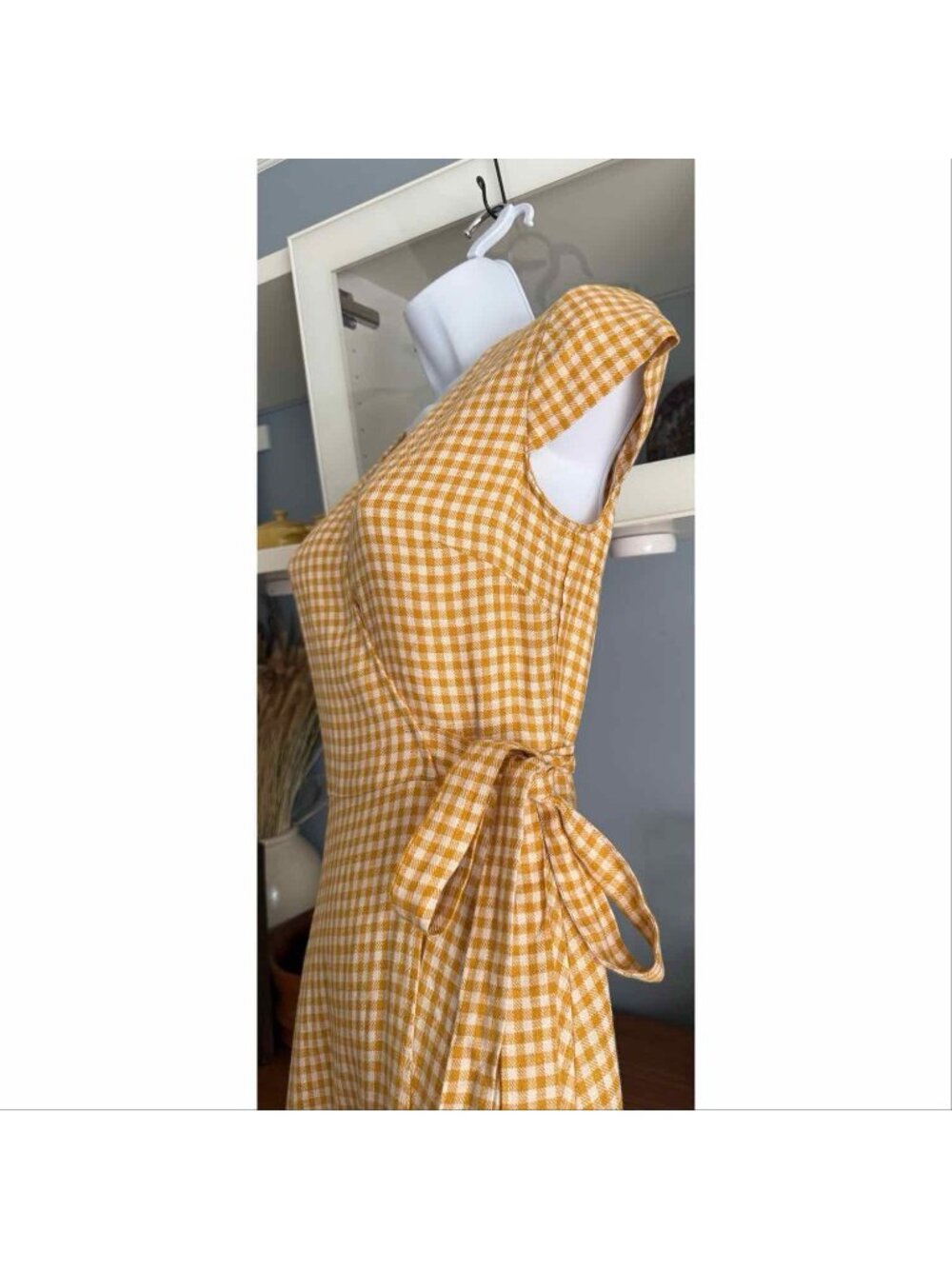 & Other Stories Gingham Check Linen Maxi Midi Wrap Dress Mustard Yellow White - Picture 5 of 10